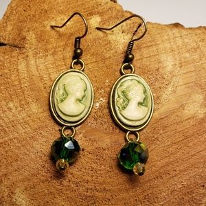 Green lady cameo earrings - victorian - dangle